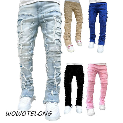 Men's Regular Fit Stacked Jeans Ripped Slim Fit Patch Distressed Destroyed Straight Denim Pants Hip Hop Streetwear Trouser Cloth