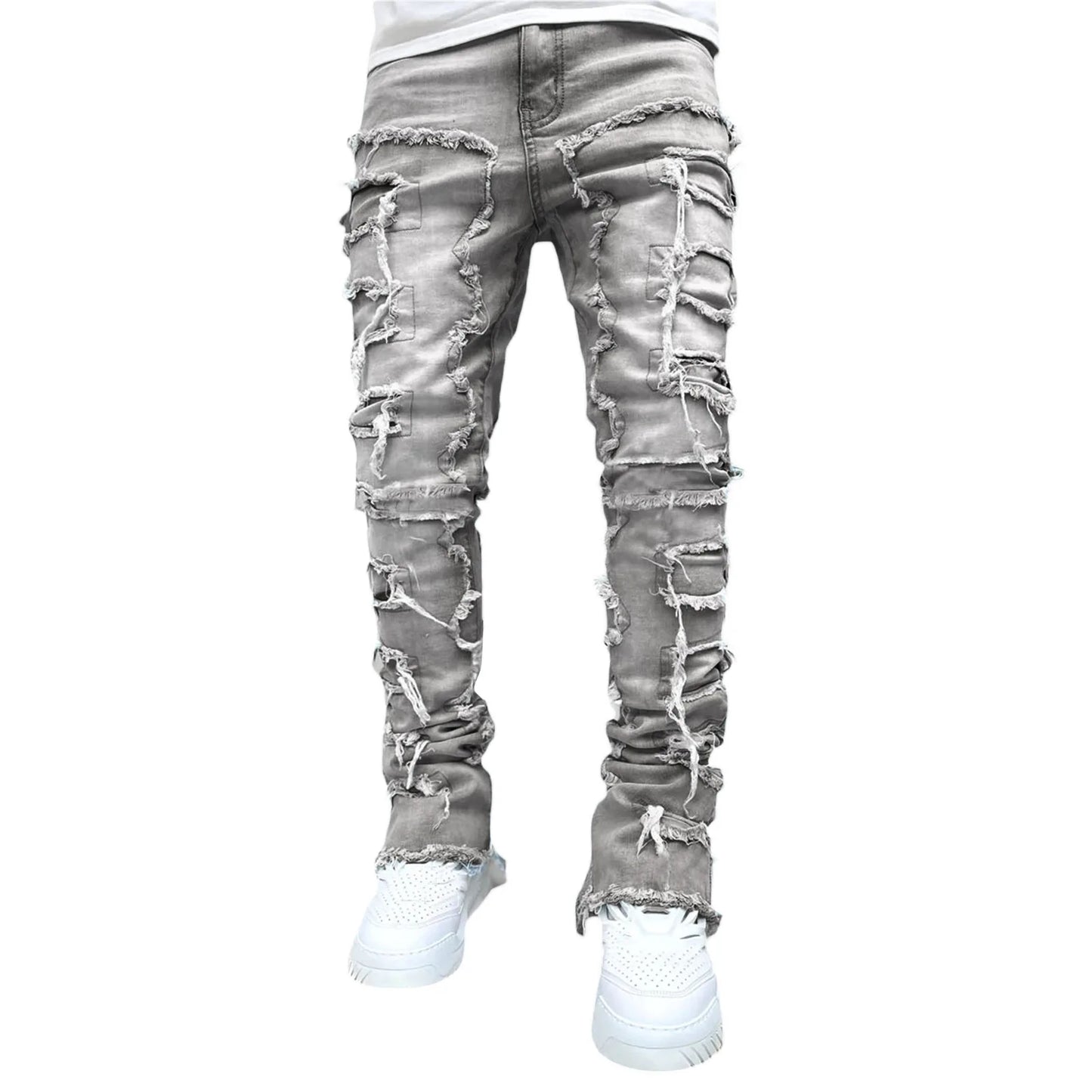 Men's Regular Fit Stacked Jeans Ripped Slim Fit Patch Distressed Destroyed Straight Denim Pants Hip Hop Streetwear Trouser Cloth